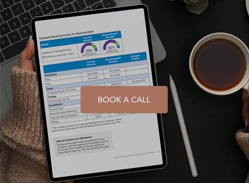 Hands Holding A Tablet Displaying A Financial Report Summary With A 'book A Call' Button, Next To A Cup Of Coffee